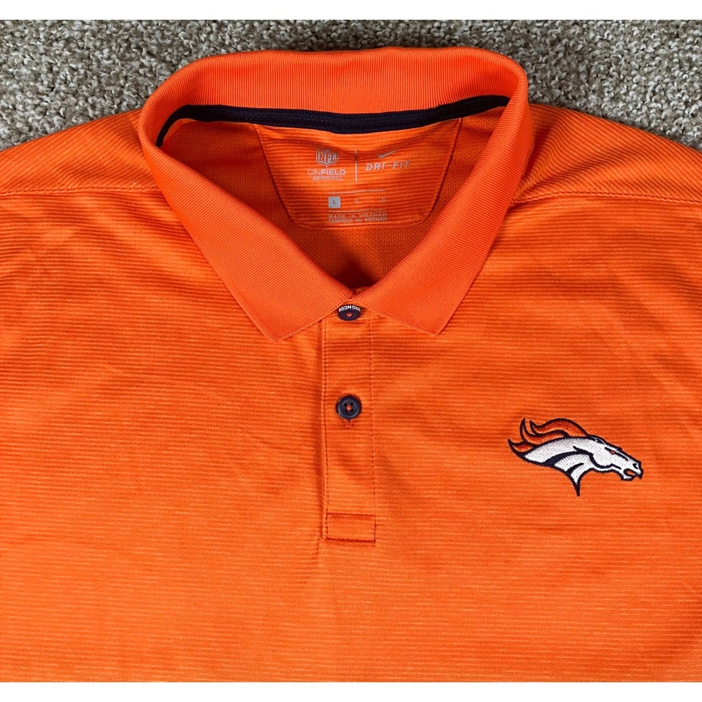 Nike Denver Broncos NFL Dri-FIT Onfield Polo Golf Shirt Orange Navy Mens Large